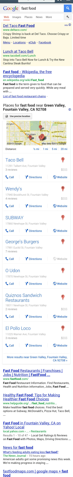 Android Mobile SERP Fast Food